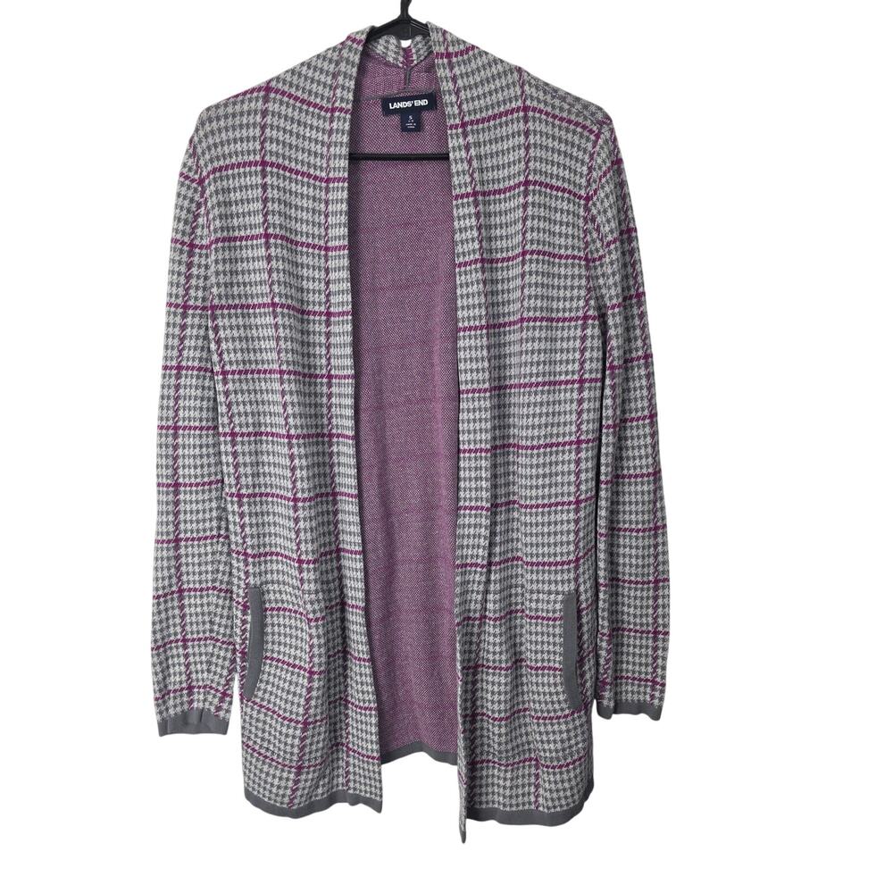 Lands End Cardigan S 6-8 Womens‎ Open Front Long Sleeve Pockets Purple Gray